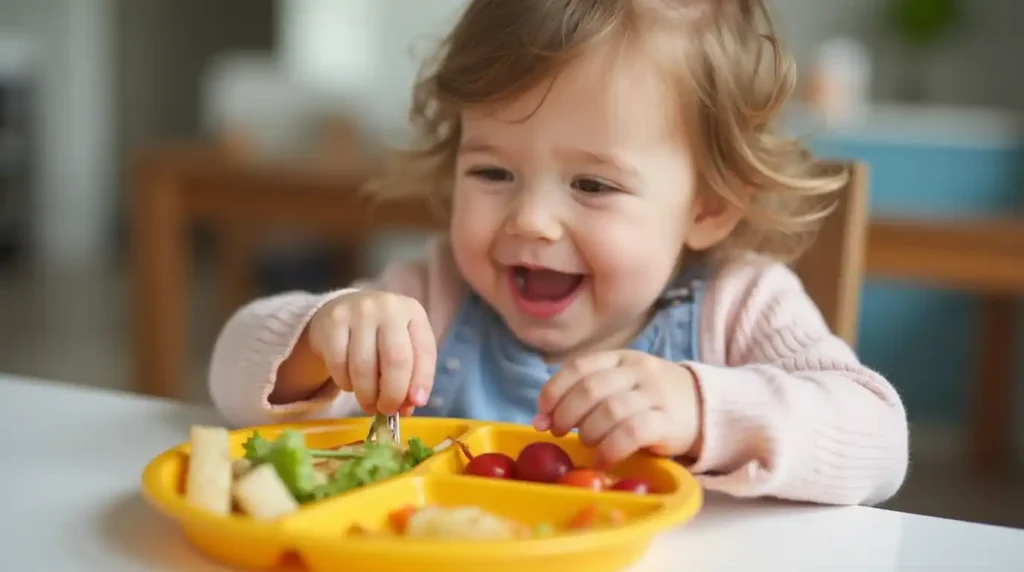 Toddler enjoying a colorful lunch.