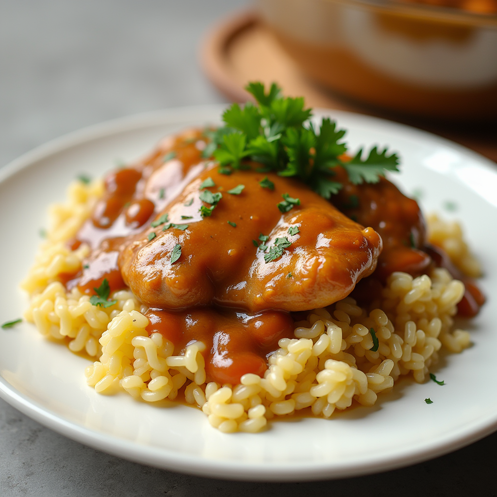 A Beautifully Plated Dish Of Smothered Chicken And Rice With Gravy Drizzled Over The Chicken And Ri Kofpd19a34593jln1toj 3