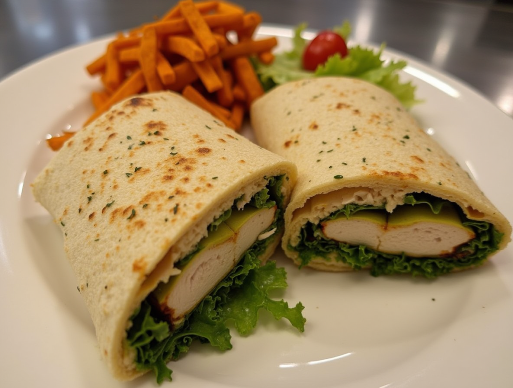 A Beautifully Plated Grilled Chicken Wrap Sliced In Half Served With A Side Of Sweet Potato Fries A Bh0psd70x78gb0ecz5tm 1