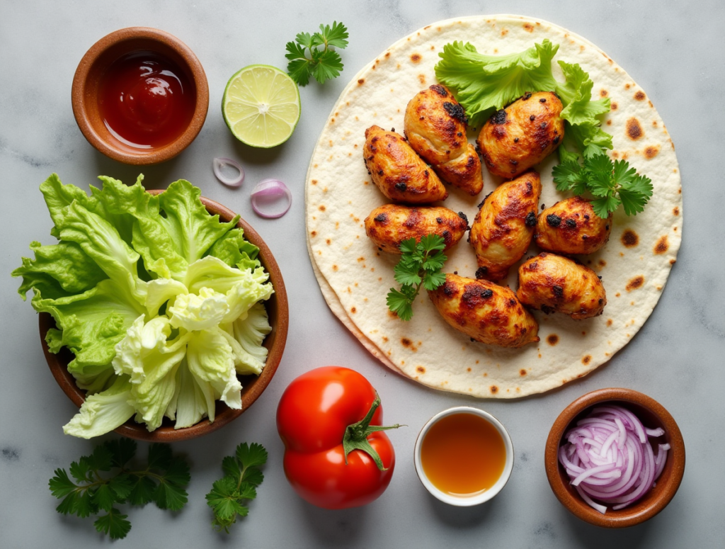 A Flat Lay Of All Ingredients Grilled Chicken Tortilla Lettuce Tomato Red Onion And Sauce Arranged 2cvi7nx8lsi7g96xxl7p 3