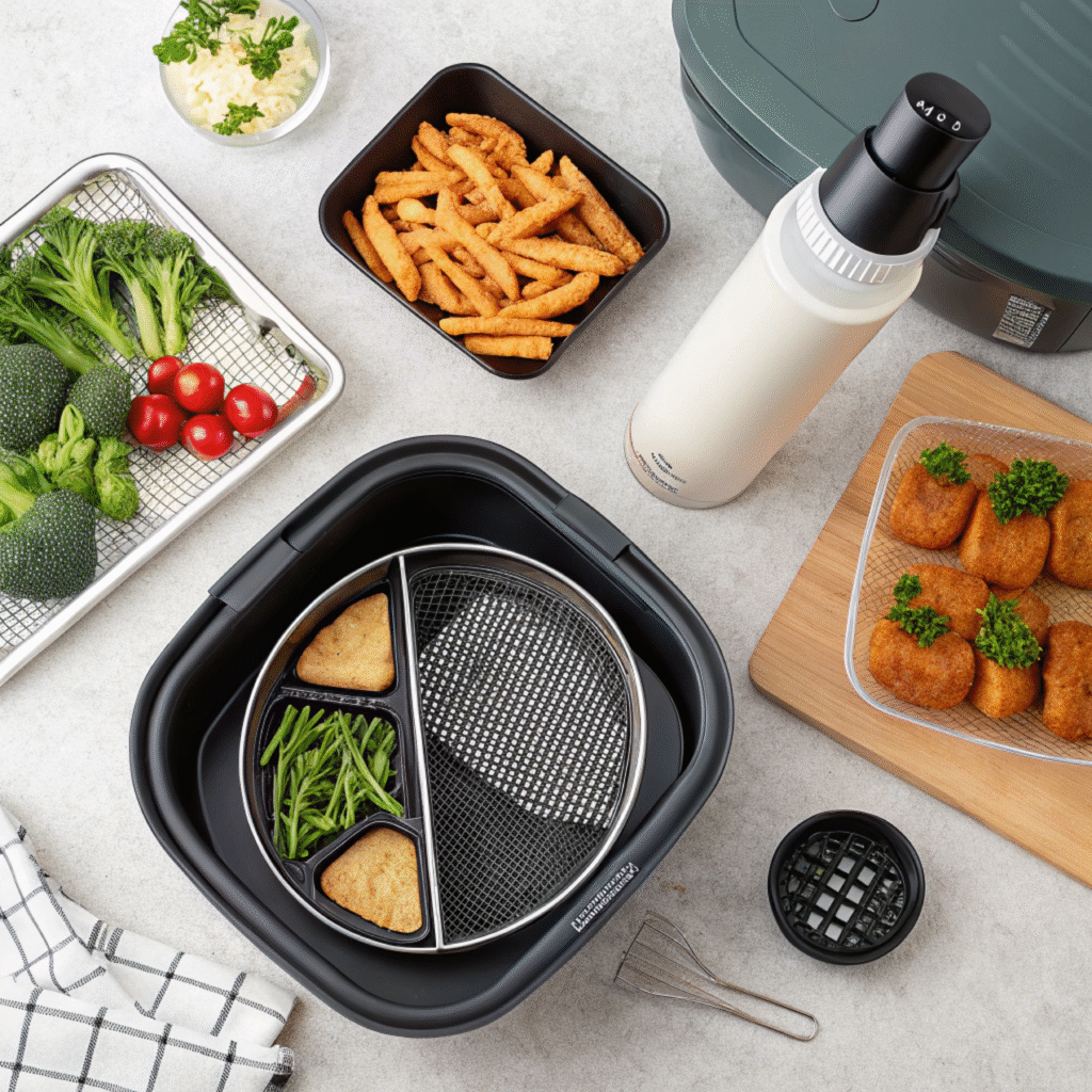 Overhead Shot Of Air Fryer Accessories For Vegan